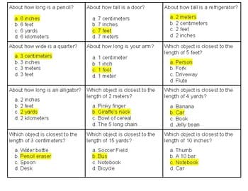 Estimating Measurements Task Cards