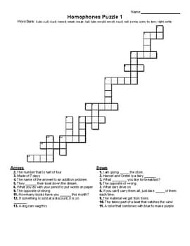 Homophone Crossword Puzzles - 11 Unique Puzzles