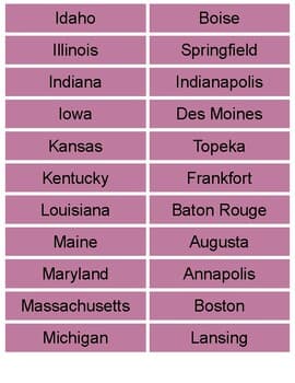 State Capitals Matching Cards