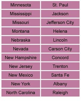 State Capitals Matching Cards