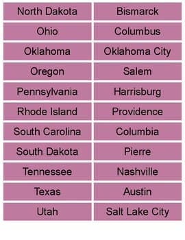 State Capitals Matching Cards